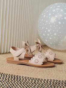 Girls Bow Decor Hollow Out Hook-and-loop Fastener Ankle Strap Sandals For Summer - Apricot - View 4