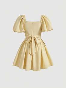 SHEIN MOD Square Neck Ruched Bust Puff Sleeve Dress - Yellow - View 2