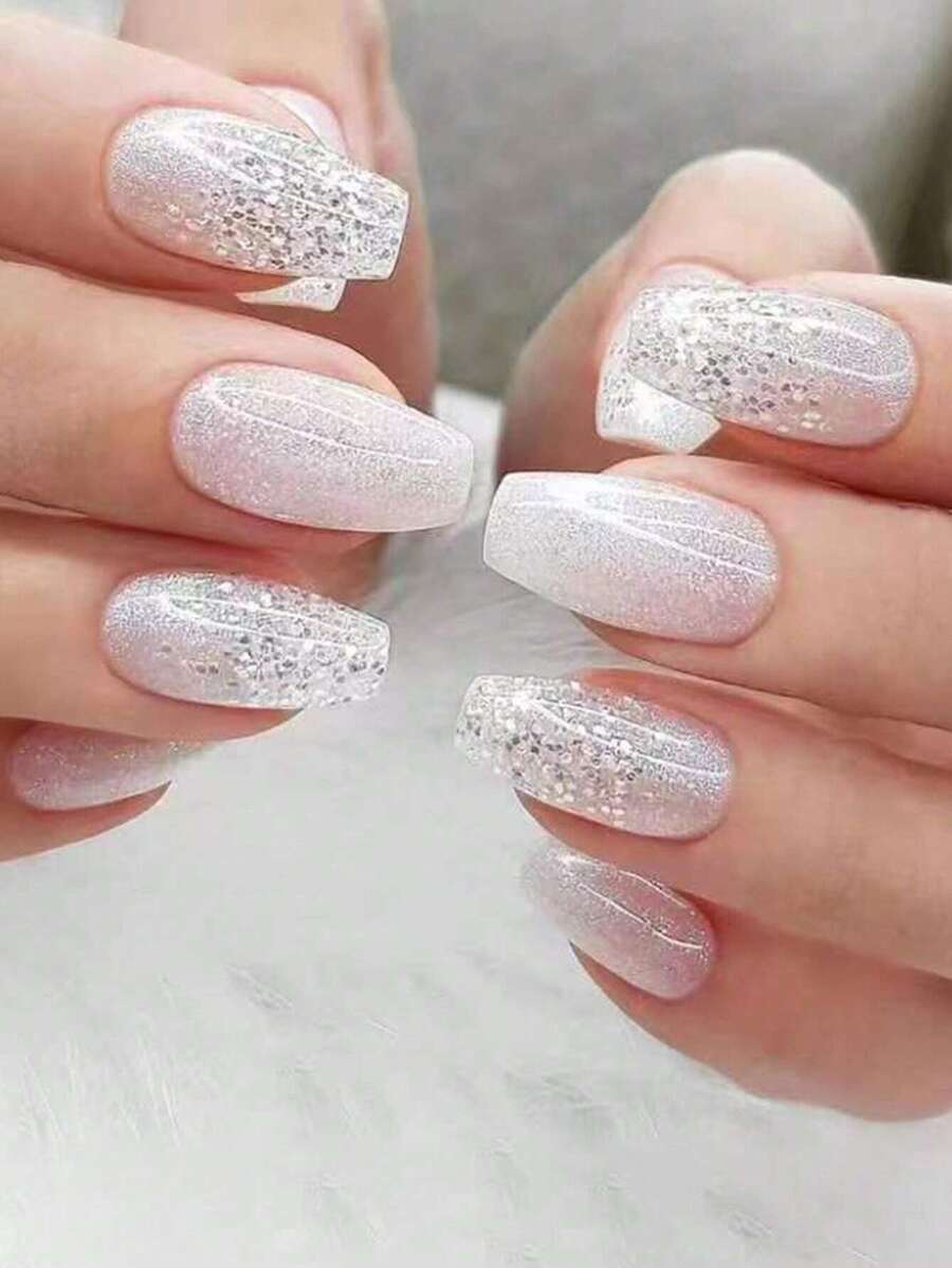 24 Cái/bộ Ngắn Hình Quan Tài Trắng In Hình Giả Đầu Móng Tay Với 1 Dũa Móng Tay Và 1 Keo Dán Móng Jelly - Bạc - Xem 1