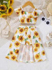 SHEIN Baby Girl Sunflower Print Cold Shoulder Ruffle Trim Top & Shorts - White - View 1