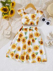 SHEIN Baby Girl Sunflower Print Cold Shoulder Ruffle Trim Top & Shorts - White - View 2