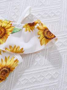 SHEIN Baby Girl Sunflower Print Cold Shoulder Ruffle Trim Top & Shorts - White - View 4