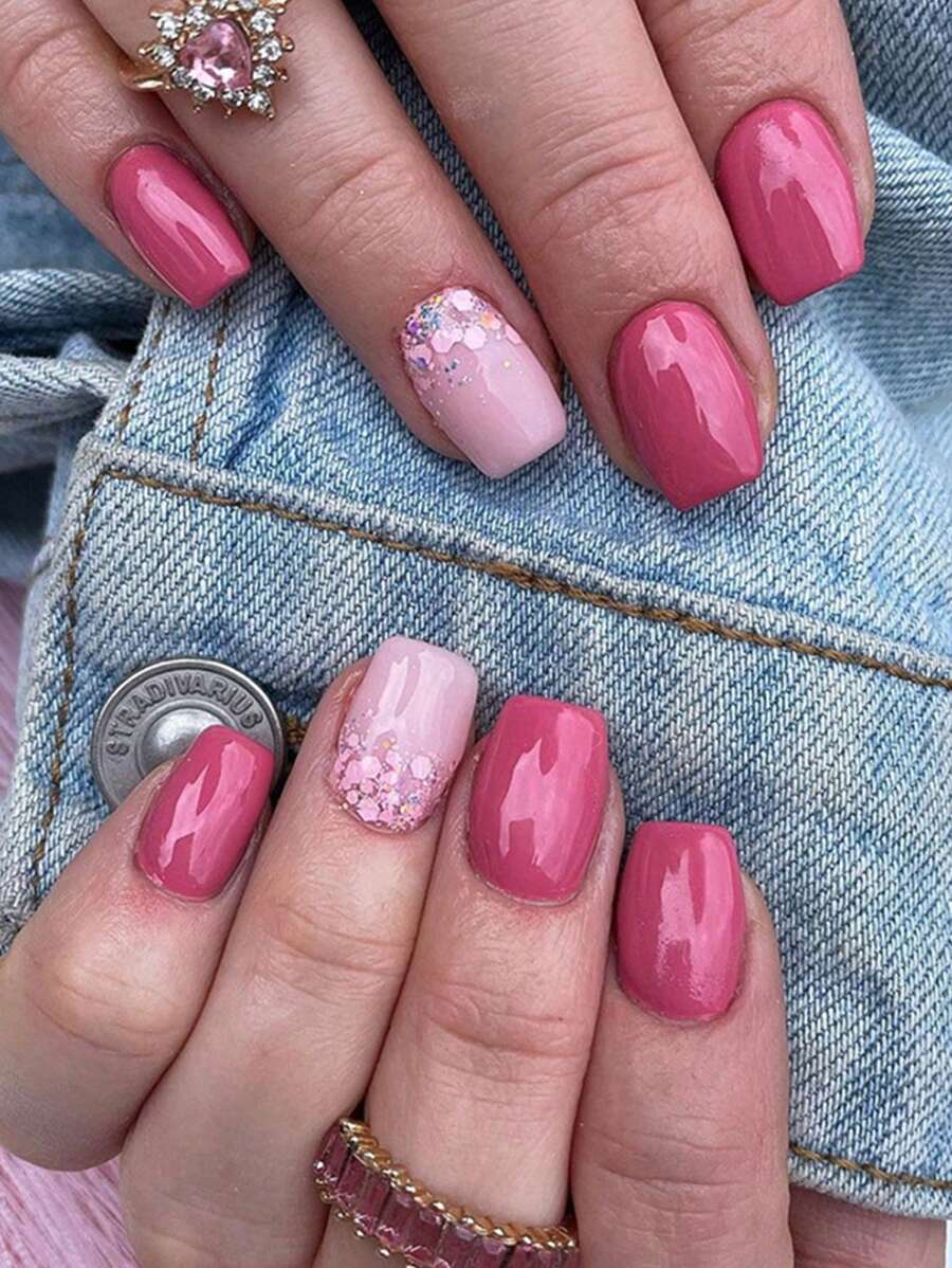 24入組/套短方形粉色亮片假指甲套件（含指甲銼和指甲果凍膠）讓您魅力四射 - 彩色 - 查看 1