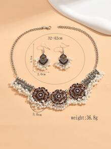 1入組復古玫瑰和串珠吊墜項鍊和1對復古串珠懸垂耳環套裝適合女士 - 復古銀色 - 查看 4