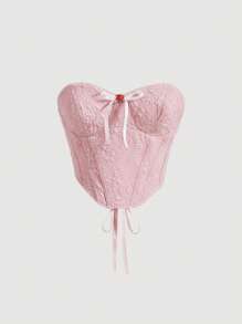 SHEIN MOD Jacquard Bow Front Bandana Hem Tube Top - Baby Pink - View 1
