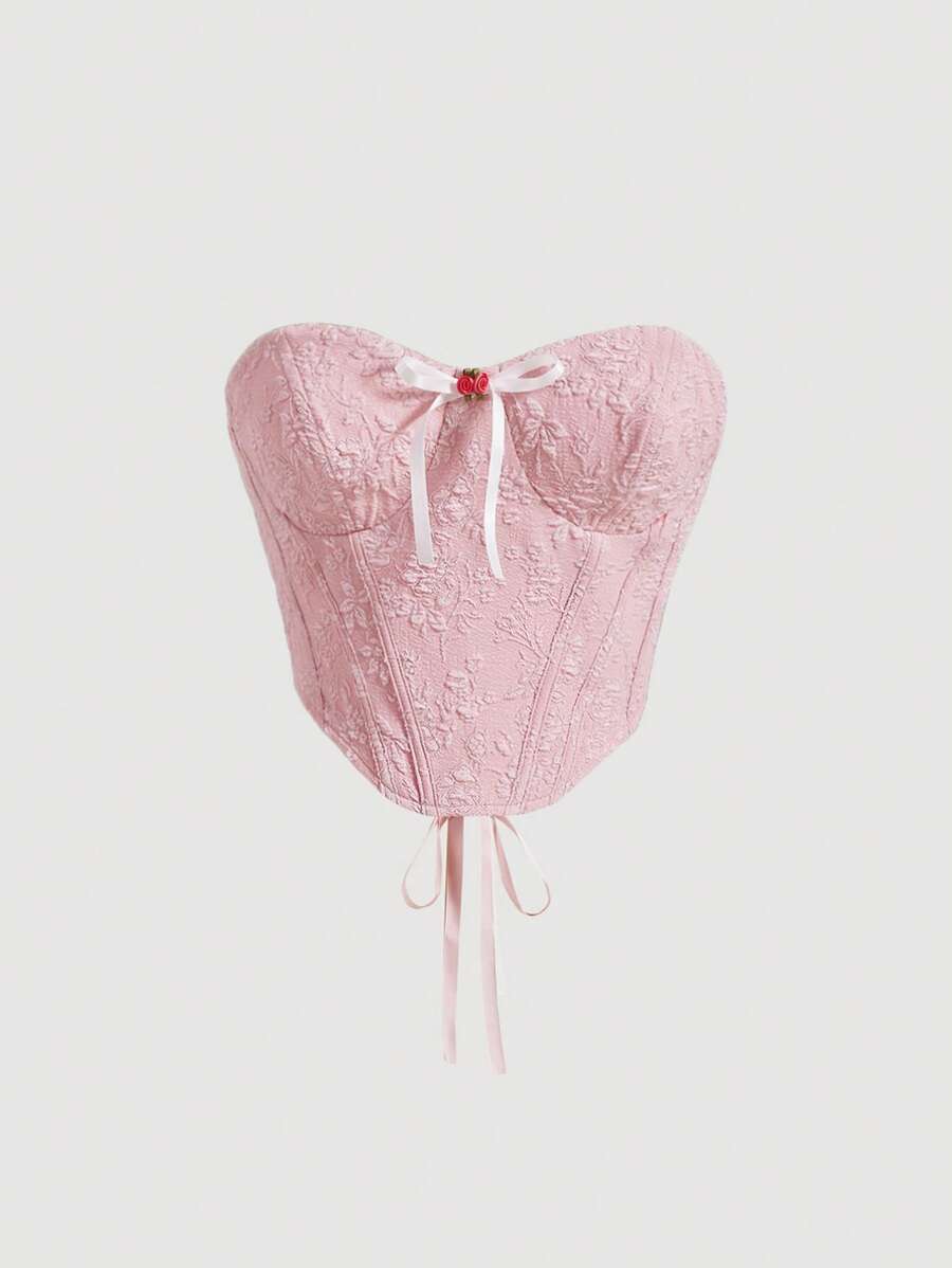 SHEIN MOD Jacquard Bow Front Bandana Hem Tube Top - Baby Pink - View 1