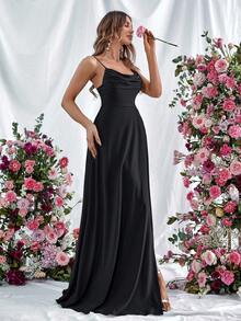 Faeriesty Women's Elegant Spaghetti Strap Evening Gown, With Ruched Bodycon Bodice And High Slit Design - Spring/Summer Formal Dress, Suitable For Formal Dinners, Weddings, Red Carpet Events, Luxury Parties, Bridesmaid Dresses, Summer Vacation Outfits - Black - View 5