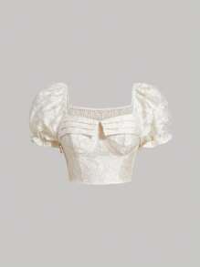 SHEIN MOD Plus Jacquard Puff Sleeve Shirred Back Top - Beige - View 1