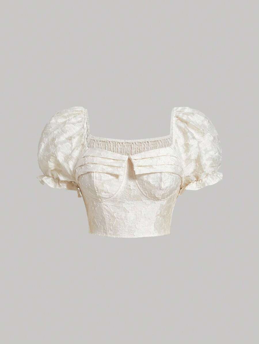 SHEIN MOD Plus Jacquard Puff Sleeve Shirred Back Top - Beige - View 1