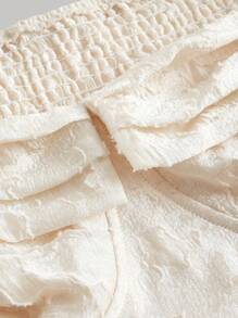 SHEIN MOD Plus Jacquard Puff Sleeve Shirred Back Top - Beige - View 3