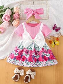 SHEIN 羅紋針織 前蝴蝶結花卉印花嬰兒連衣裙 - 彩色 - 查看 1