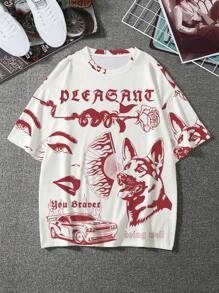 Manfinity Roghcode 寬鬆男士字母與數字圖案t恤 - 紅色 - 查看 1