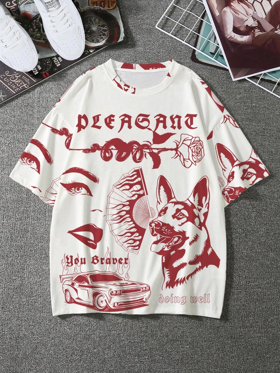 Manfinity Roghcode 寬鬆男士字母與數字圖案t恤 - 紅色 - 查看 1