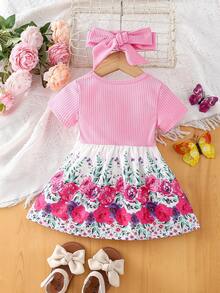 SHEIN 羅紋針織 前蝴蝶結花卉印花嬰兒連衣裙 - 彩色 - 查看 2