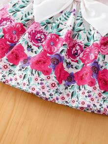 SHEIN 羅紋針織 前蝴蝶結花卉印花嬰兒連衣裙 - 彩色 - 查看 5