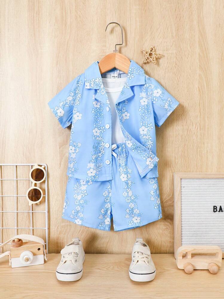SHEIN Bebé con estampado floral Camisa & Shorts sin top tank - Azul - Ver 1