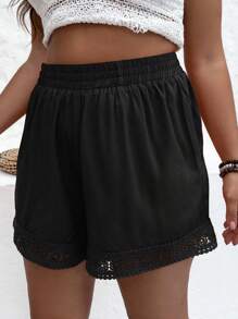 SHEIN VCAY Shorts con encaje en contraste de cintura elástica - Negro - Ver 3