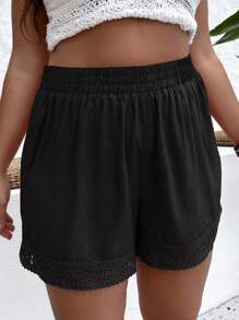 SHEIN VCAY Shorts con encaje en contraste de cintura elástica - Negro - Ver 4
