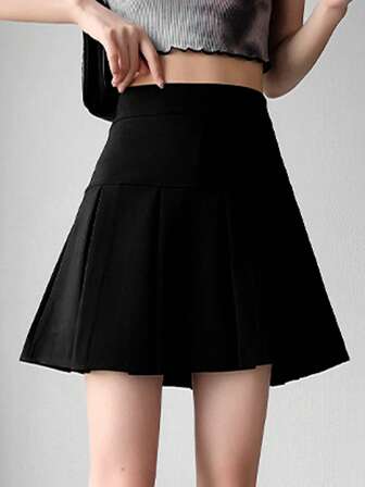Plain Color Casual Versatile Women Pleated A-Line Skirt