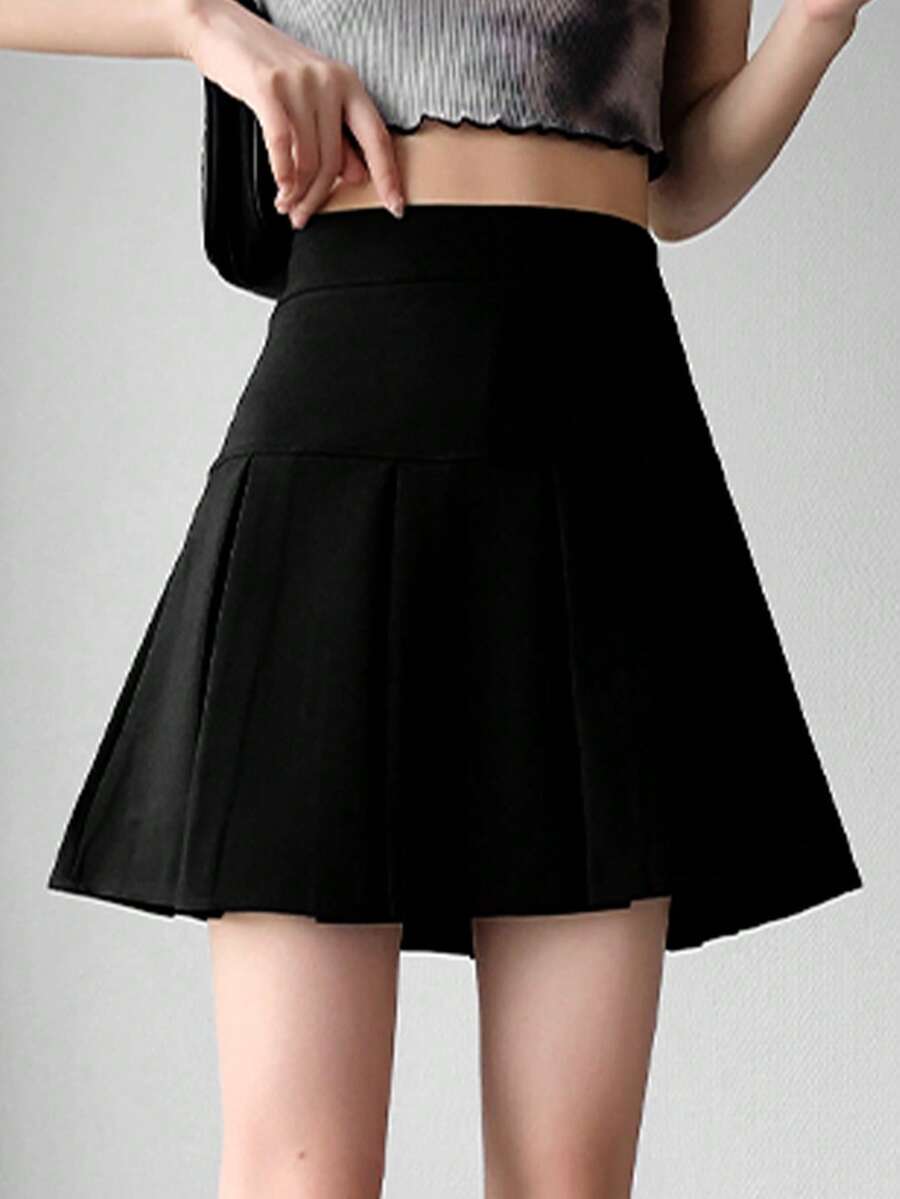 Plain Color Casual Versatile Women Pleated A-Line Skirt Black Spring