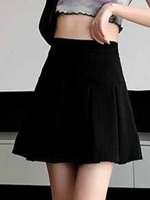 Plain Color Casual Versatile Women Pleated A-Line Skirt Black Spring - Black - View 4
