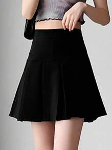 Plain Color Casual Versatile Women Pleated A-Line Skirt Black Spring - Black - View 5