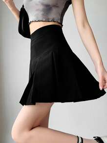 Plain Color Casual Versatile Women Pleated A-Line Skirt Black Spring - Black - View 6