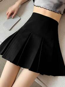Plain Color Casual Versatile Women Pleated A-Line Skirt Black Spring - Black - View 7