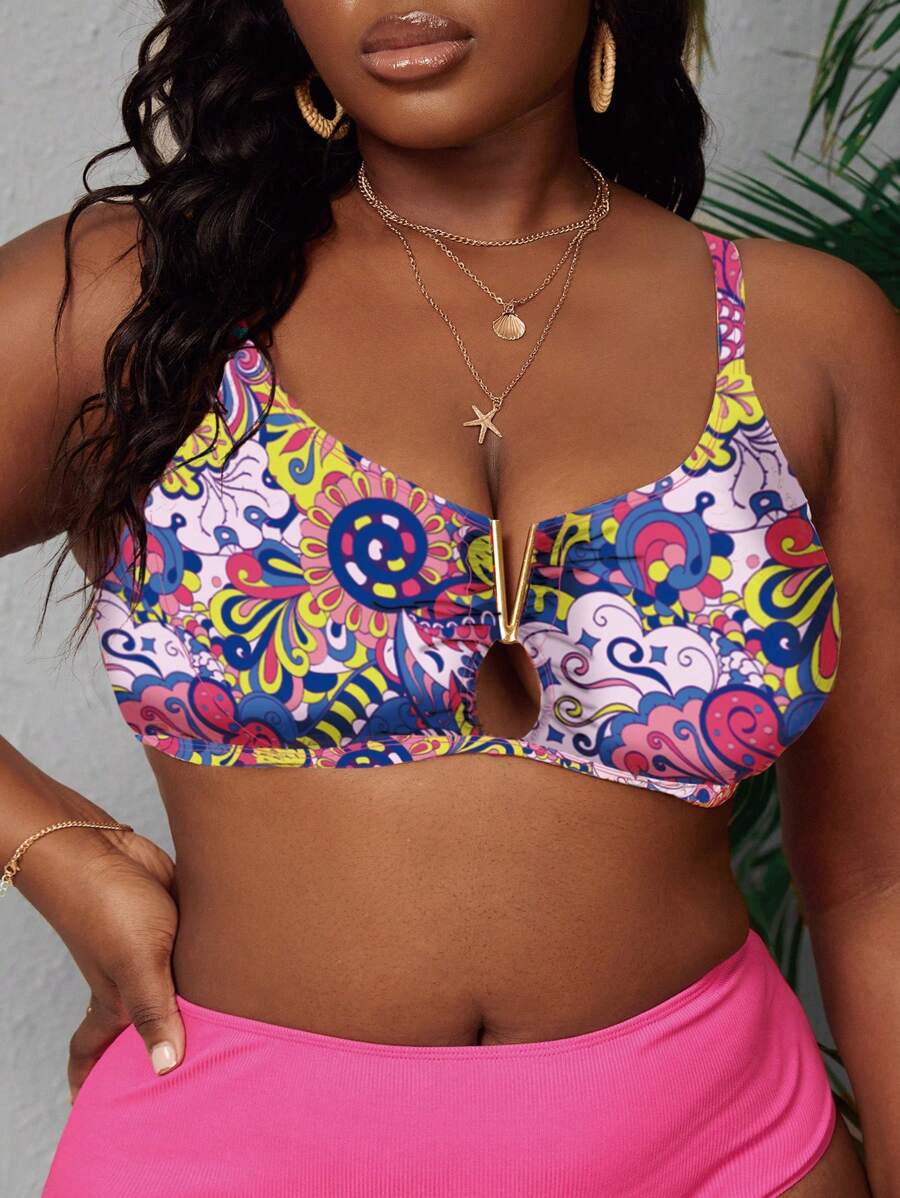 Plus Floral Print Ring Linked Bikini Top - Multicolor - View 1