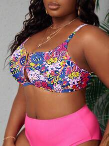 Plus Floral Print Ring Linked Bikini Top - Multicolor - View 3