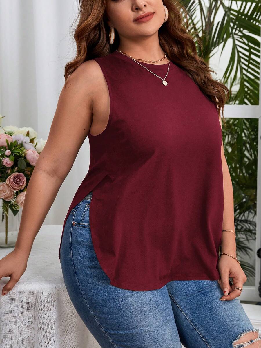 SHEIN Essnce Áo hai dây Plus Size Chia màu trơn Giải trí - Màu Đỏ Sâu - Xem 1