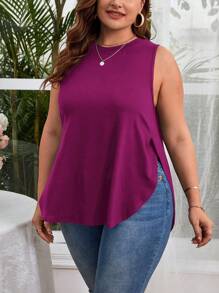 SHEIN Essnce 大碼素色下擺開叉背心上衣 - 紫色 - 查看 3