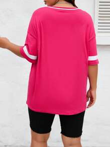 SHEIN EZwear CURVE Áo thun Plus size Lá thư Sọc Giải trí - Màu Hồng Tươi - Xem 2
