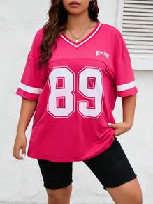 SHEIN EZwear CURVE Áo thun Plus size Lá thư Sọc Giải trí - Màu Hồng Tươi - Xem 3