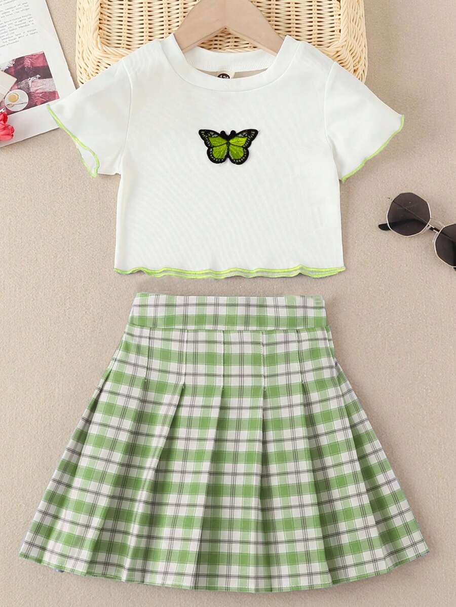女孩蝴蝶刺繡T恤和格紋印花百褶半身裙 - 彩色 - 查看 1