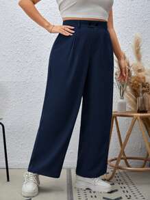 SHEIN Essnce 大碼拼接細節直筒褲 - 藏蓝色 - 查看 4