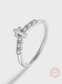 Nhẫn Bạc Đính Đá Cubic Zirconia Trang Trí Chữ Thập Cho Nữ, Trang Sức Đeo Tay Phong Cách Hàn Quốc Thời Trang - Bạc - Xem 1