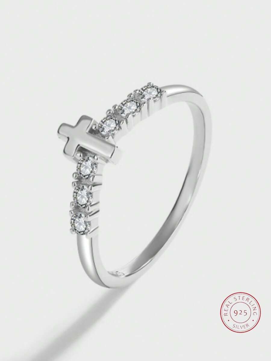 Nhẫn Bạc Đính Đá Cubic Zirconia Trang Trí Chữ Thập Cho Nữ, Trang Sức Đeo Tay Phong Cách Hàn Quốc Thời Trang - Bạc - Xem 1