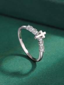 Nhẫn Bạc Đính Đá Cubic Zirconia Trang Trí Chữ Thập Cho Nữ, Trang Sức Đeo Tay Phong Cách Hàn Quốc Thời Trang - Bạc - Xem 3