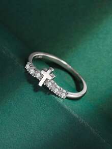 Nhẫn Bạc Đính Đá Cubic Zirconia Trang Trí Chữ Thập Cho Nữ, Trang Sức Đeo Tay Phong Cách Hàn Quốc Thời Trang - Bạc - Xem 4
