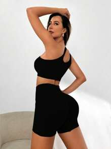 Easithlete One Shoulder Cut Out Sports Set Workout Women Setwomen Workout Set - Black - View 2