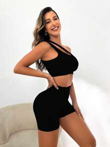 Easithlete One Shoulder Cut Out Sports Set Workout Women Setwomen Workout Set - Black - View 6