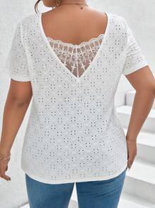 SHEIN Frenchy Plus Contrast Lace Eyelet Embroidery Tee - White - View 1