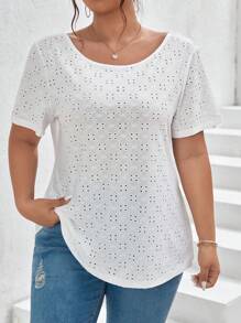 SHEIN Frenchy Plus Contrast Lace Eyelet Embroidery Tee - White - View 3