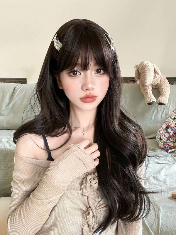 alicegarden 1 Peluca larga rizada negra-marrón sintética resistente al calor, con flequillo, 28 pulgadas de largo, tejido total a máquina para uso diario, peluca natural y realista