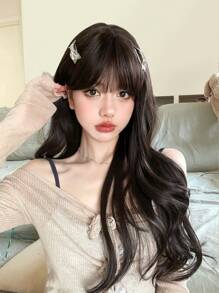 alicegarden 1 Synthetic Heat-Resistant Long Curly Black-Brown Wig ,With  Bangs, 28 Inches Long, Full Machine Weave Daily Natural Realistic Wig