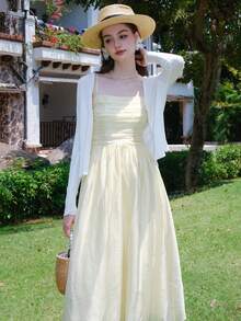 Solid Ruched Cami Dress - Yellow - View 4