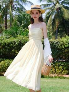 Solid Ruched Cami Dress - Yellow - View 6