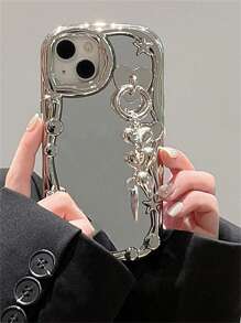 Caja galvanizada del teléfono de la decoración de la estrella con el colgante del corazón compatible con iPhone15/15Plus/15Pro/15Promax - Plateado - Ver 1