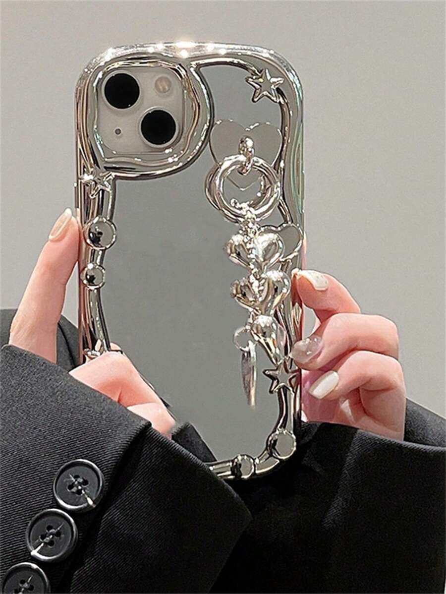 Caja galvanizada del teléfono de la decoración de la estrella con el colgante del corazón compatible con iPhone15/15Plus/15Pro/15Promax - Plateado - Ver 1